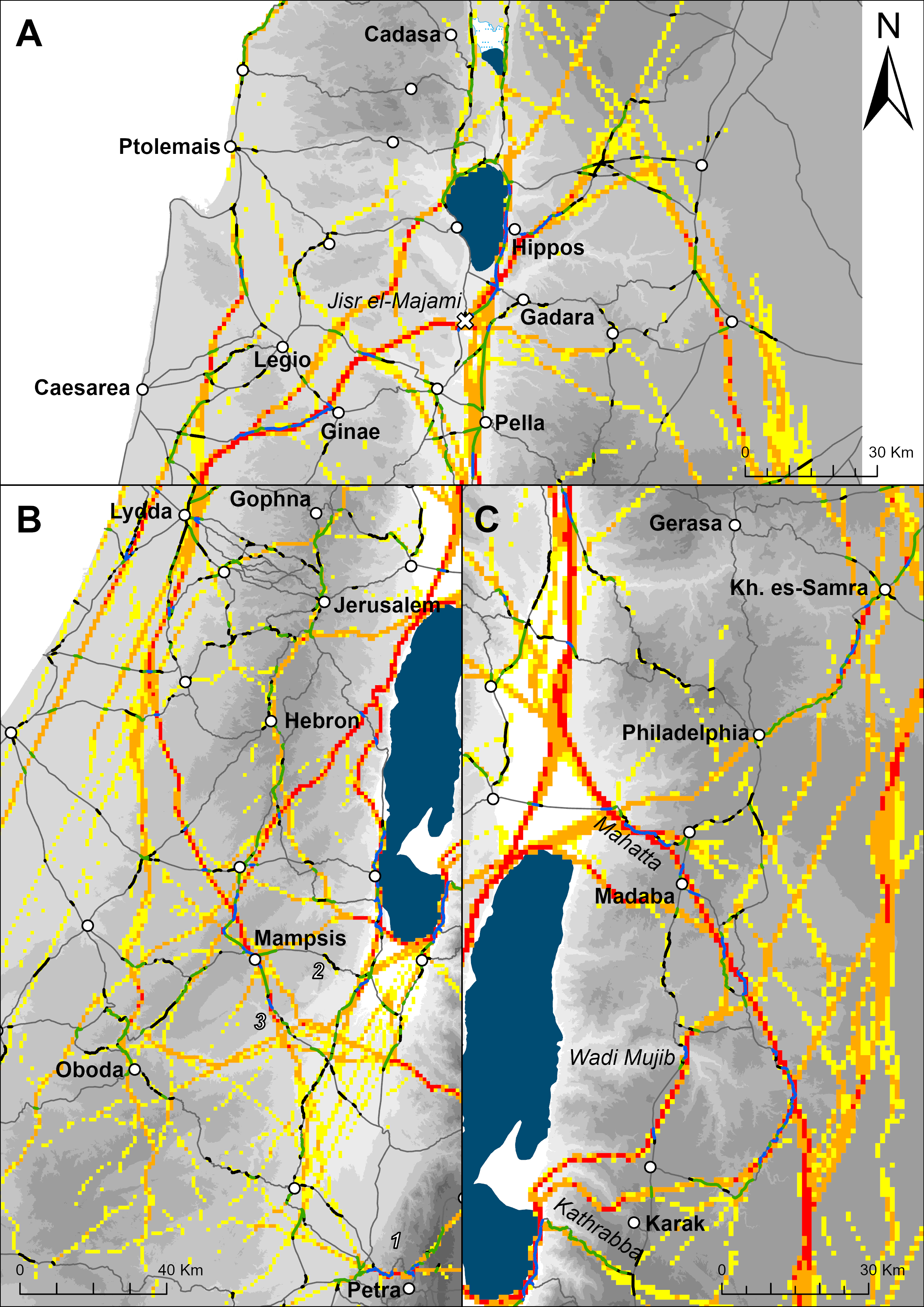 Overlay between modelled movement corridors and Roman roads