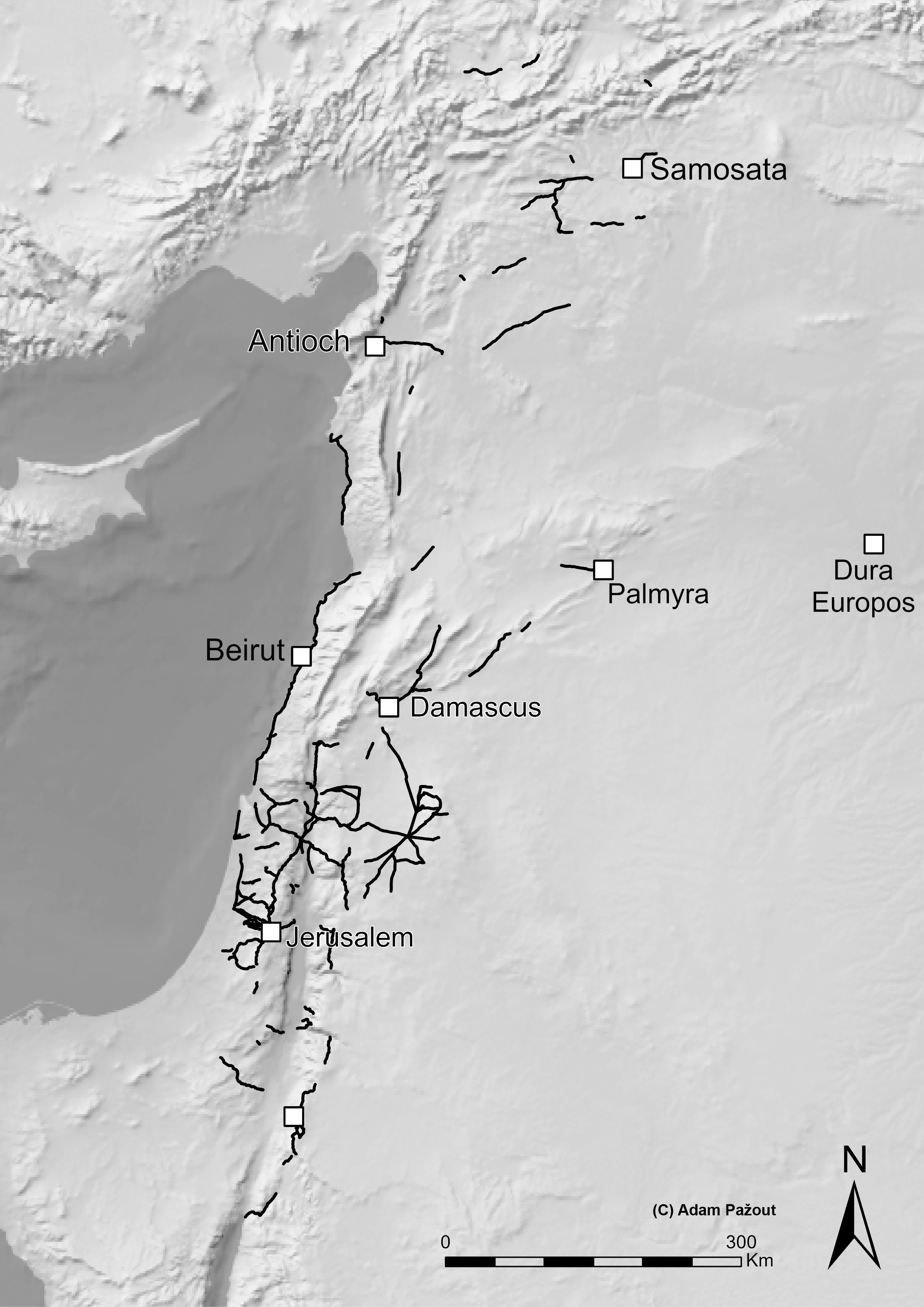 Map of Roman roads digitized with very high spatial accuracy in the Levant.